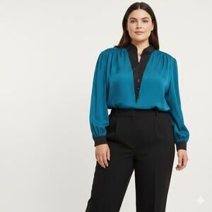 Vtg Boho Teal color block neck Academia corp Core Silk Blouse -Size 4 = XL-2XL